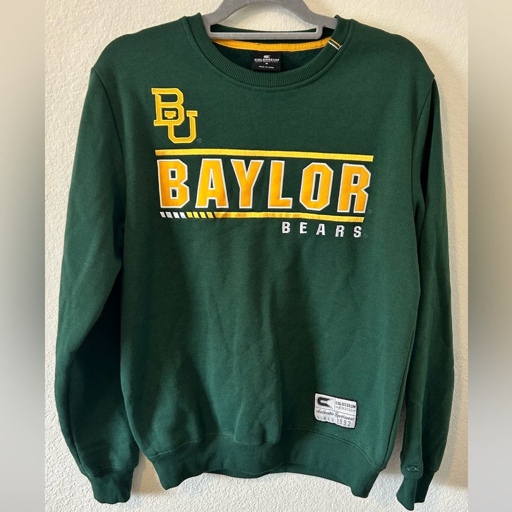 Baylor Bears Crewneck Sweater Green Yellow Stitched Colosseum Mens SZ Small‎